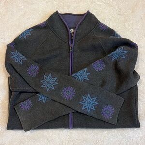 Eddie Bauer Gray Cardigan with Purple and Blue Accents